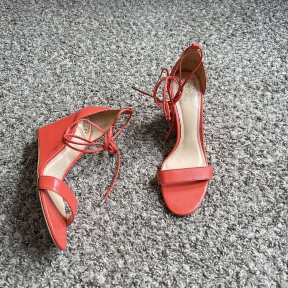 Vince Camuto Stassia Lace Up Wedge Sandals Heel 8 M Coral Orange Spring Summer